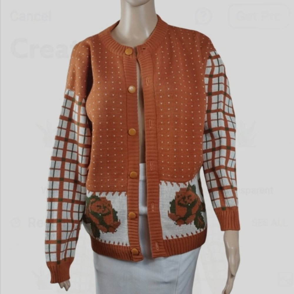 Vintage Phillip Lin cardigan knit orange  checked NWT long